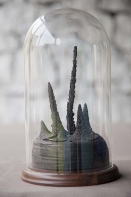 Disc Cutter Landscape 1, iron dust, wood, glass dome, 30 x 25cm. Photo: Aled Rhys Huws