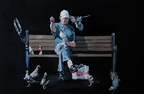 <i>Pigeon Man</i> (2012), acrylic on panel, 8x4ft